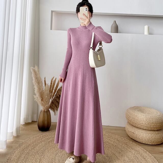 【予約販売】ニットワンピース レディース ロングワンピ 長袖 ハーフタートルネック フレア Aライン おしゃれ かわいい デート 秋冬 シンプル S/M/L/XL ブラック/オフホワイト/ブルーグレー/パープル/ブラウン/ベージュ