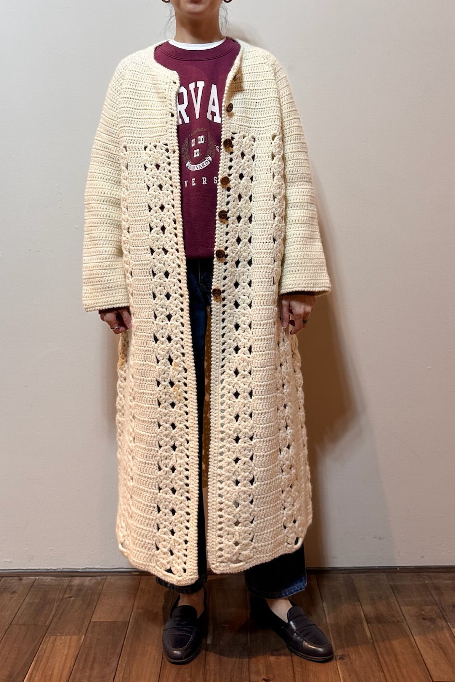 手編みホワイトニットロングコート