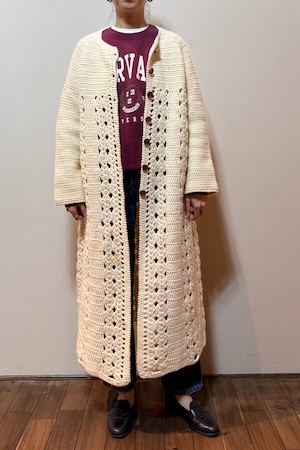 手編みホワイトニットロングコート
