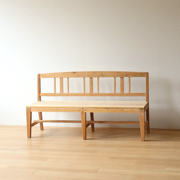 アンティーク 無垢材 背付きベンチ 古家具 無塗装 長椅子 木製 | RENOKA