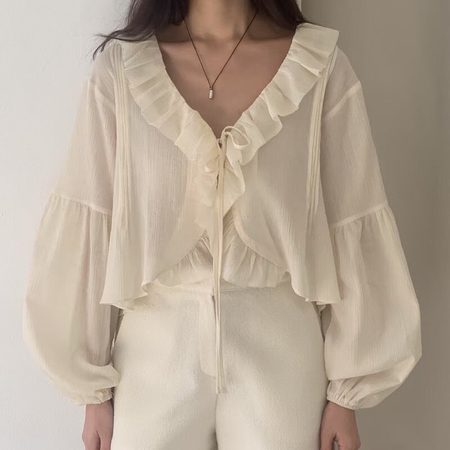 Vネックフレンチスリーブフリルブラウス 11185