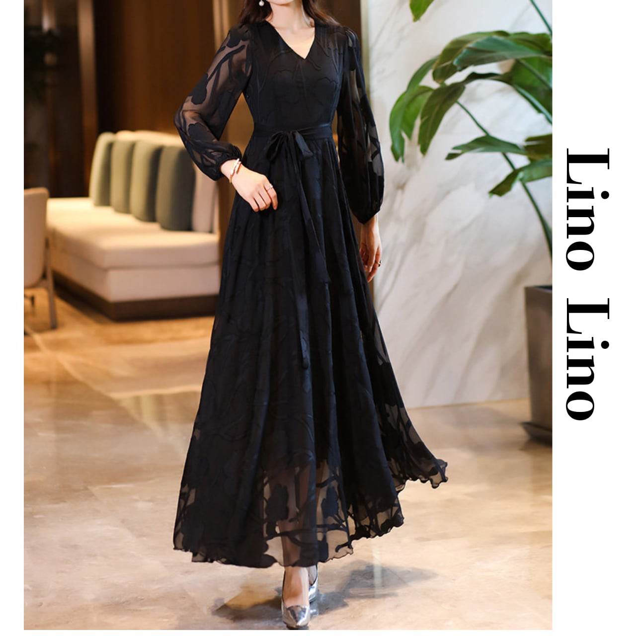 Belted Maxi Long Sleeve Dress L00832