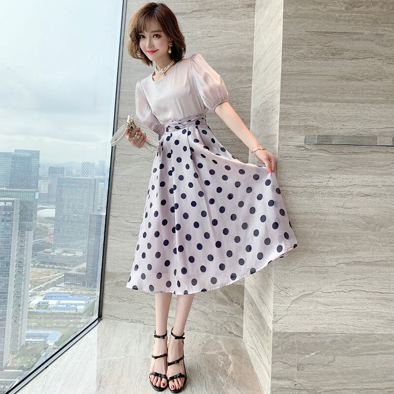 ラウンドネックスリーブトップス 水玉ハイウェストウェストスカート スプリング 春物 Oネック MIUCO7682458566