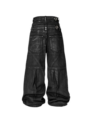 【THEWET SPLITTING TONGUE】Double Waist Coated Baggy Denim Pants