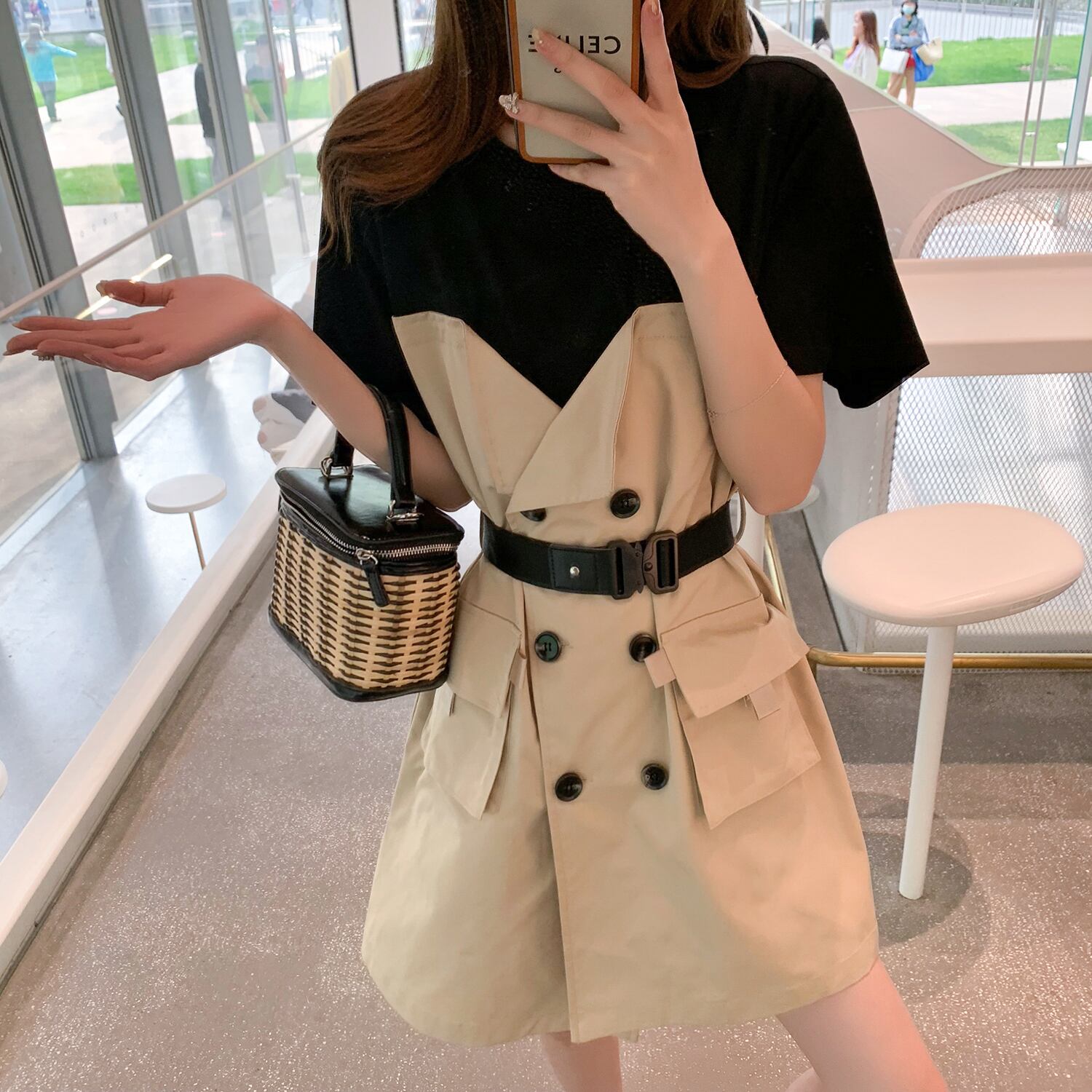 ウェストベルト ドレス サマーAラインスカート 夏物 ハーネス フラワーデザイン ステッチ 6Du_Shop_Women58386930568