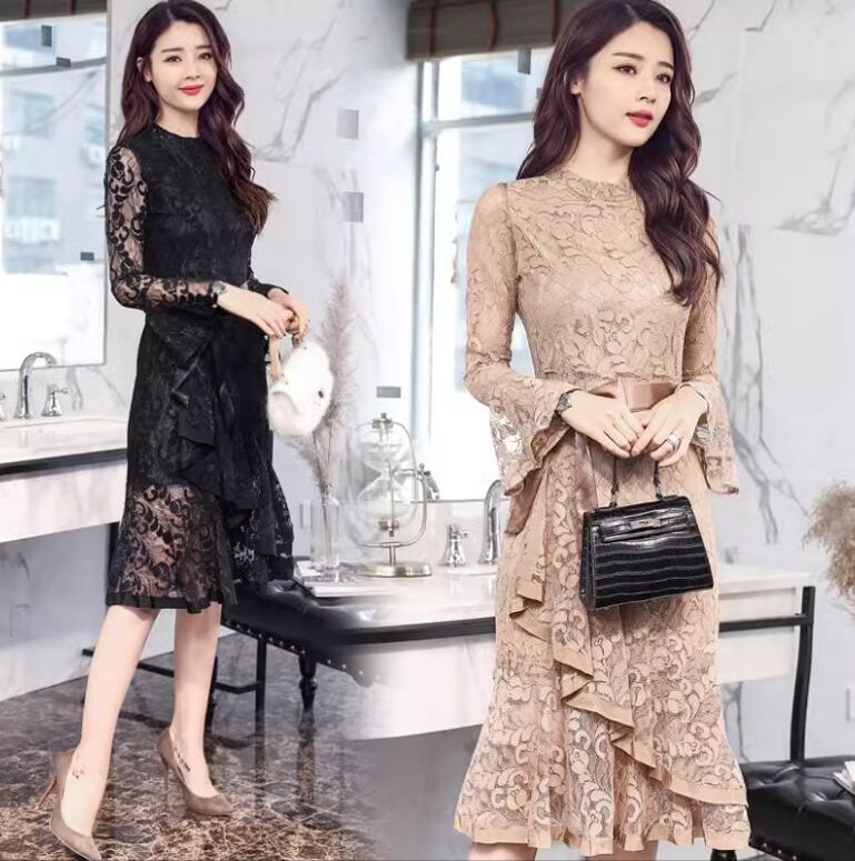 ワンピース ワンピドレス 膝丈 ひざ丈 長袖 ラウンドネック 襟なし スリム タイト 細身 マーメイド レース リボン ウエストマーク ウエストリボン かわいい 大人可愛い きれいめ 大人 上品 おしゃれ お洒落 大人女子 エレガント 主役級 春 夏 秋 誕生日 10代 20代 30代 レディース 女性用 デート お出かけ パーティー イベント ホテル レストラン スタイル モテ 脚長 S M L XL 2XL 3XL 黒 ブラック くすみカラー 大人カラー 秋カラー アプリコット