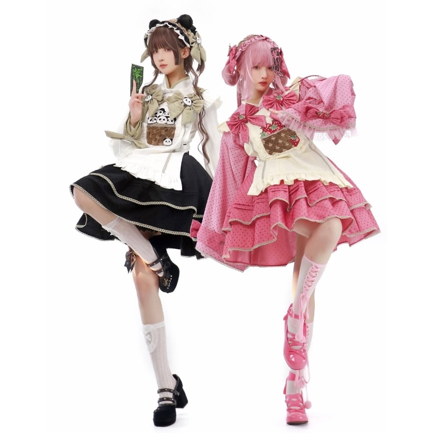 ロリータファッション 華ロリ中華風セットアップ パンダ柄とイチゴ柄