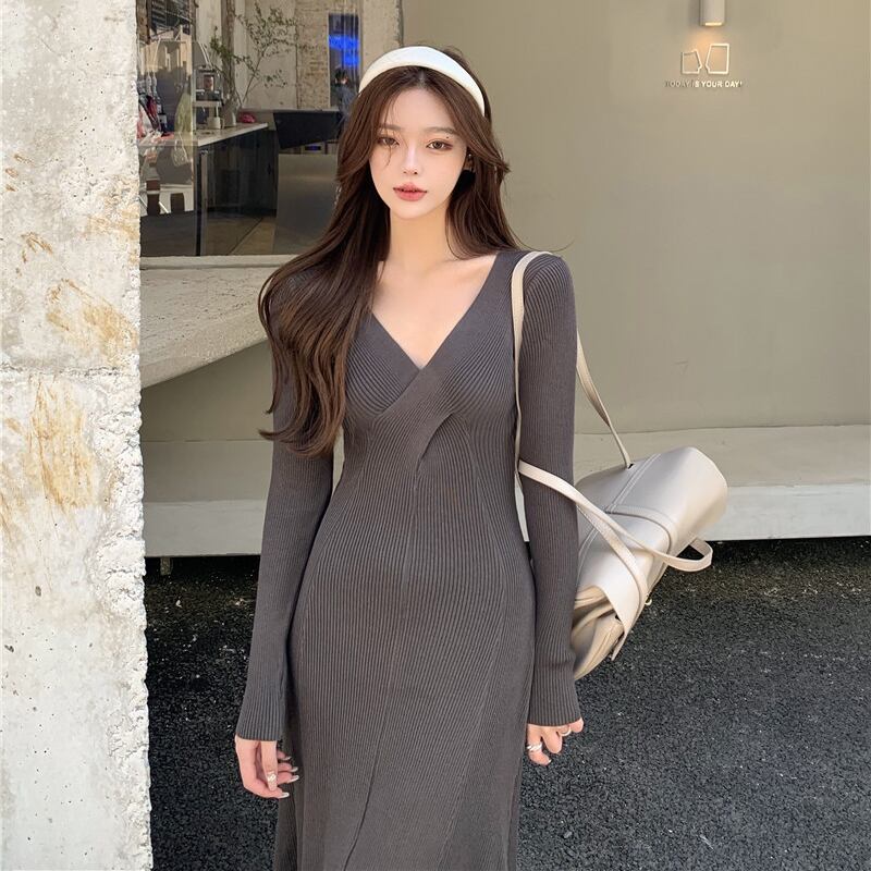 ニットセーター ドレス オータムウィンタースカート ウェスト長袖スリーブ ロング 秋物 冬物 ブラックストロベリース65507753131