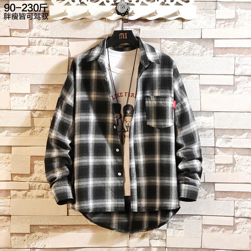 ブラックホワイト格子柄シャツ ルーズカジュアルスプリングオータム ロング 大きめサイズ 春物 秋物 ヒップホッププラスサイズ31775281979