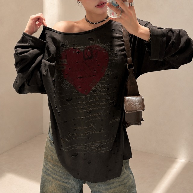 distressed heart graphic long tee　ハートグラフィックダメージロングティー　J2144