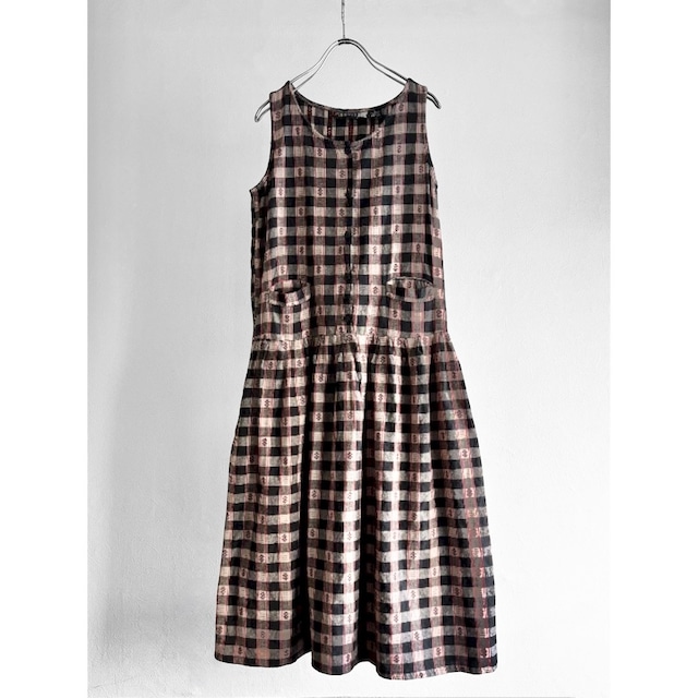 Block Plaid Cotton Drop Waist  Button Jumper Dress