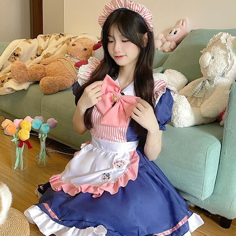 5点）メイド服 かわいい 喫茶店 制服 チェック柄 リボン 鈴 ロリータ