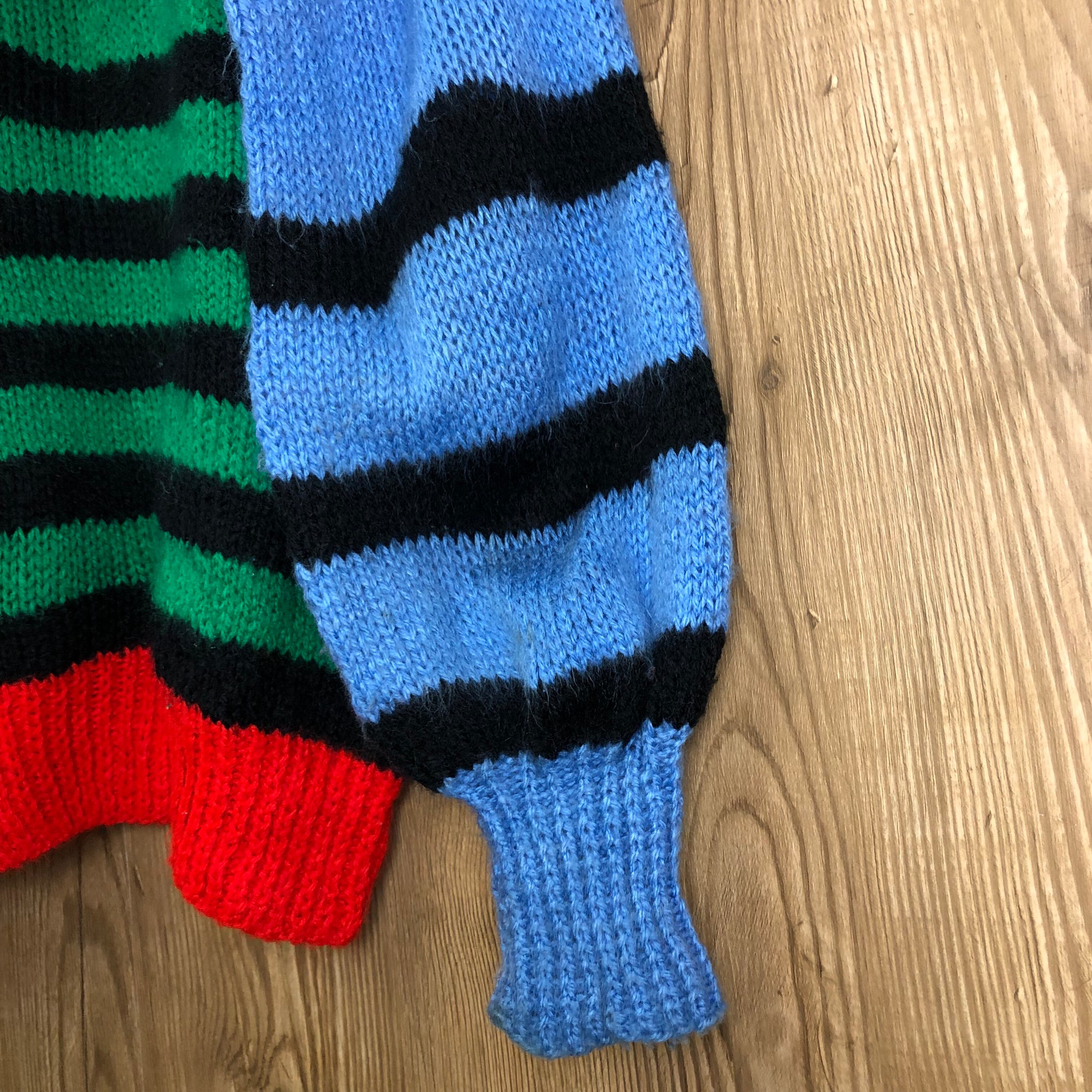 ☆80s VINTAGE 変則ボーダー Vネック ニットセーター メンズL位 80年代