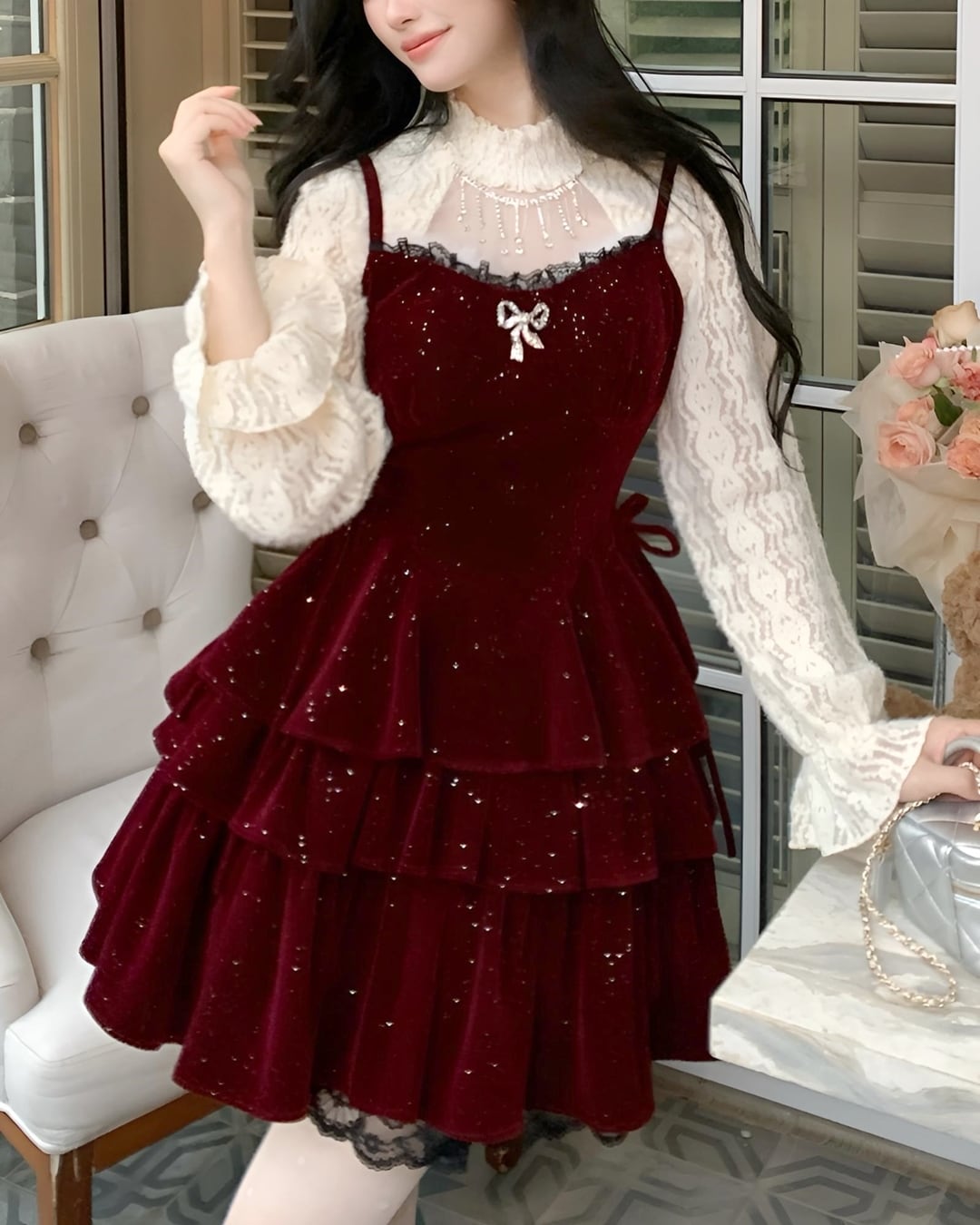 シャイニーベルベットティアードワンピース(2 colors) 24W12014