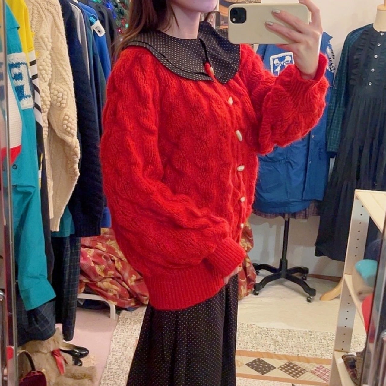 toggle button red cable knit cardigan