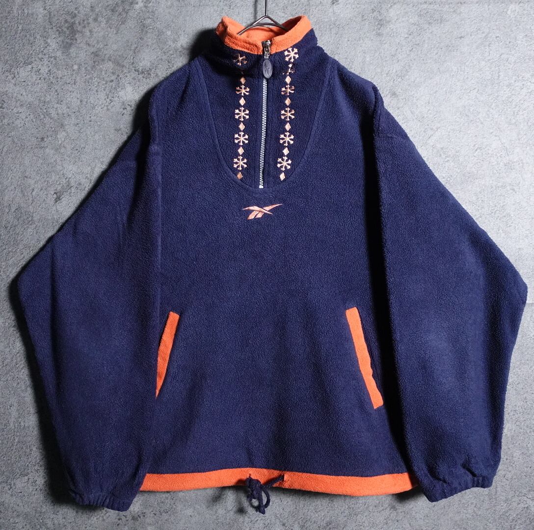 90s "Reebok" navy ice crystal embroidery half-zip fleece jacket