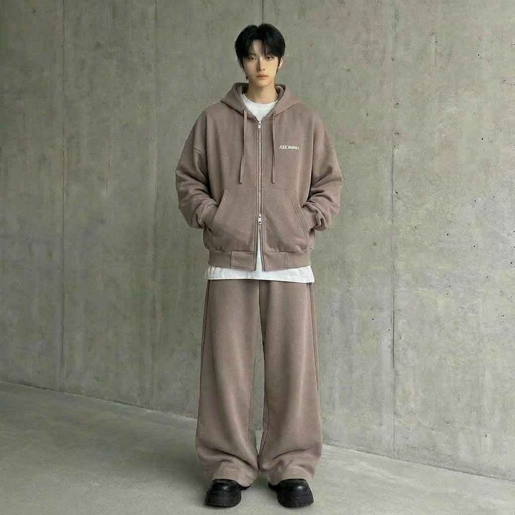 ハイストリートスウェットパーカー&ワイドレッグパンツセットアップ D11929