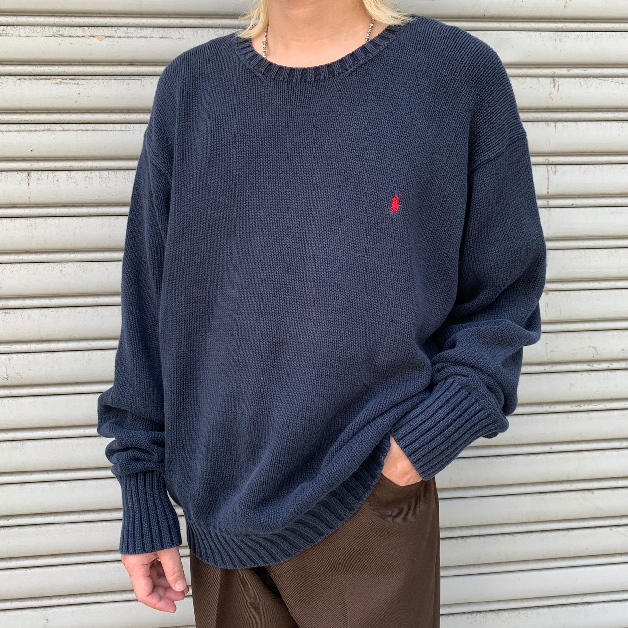 90s ラルフローレン コットンニット コットンセーター ネイビー XL