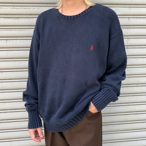 90s ラルフローレン コットンニット コットンセーター ネイビー XL