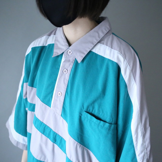 XXXL super over silhouette switching design turquoise blue pullover