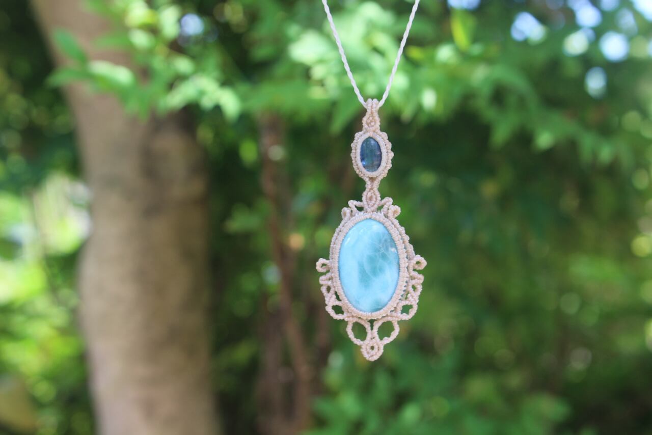 Larimar & Kyanite micro macrame pendant