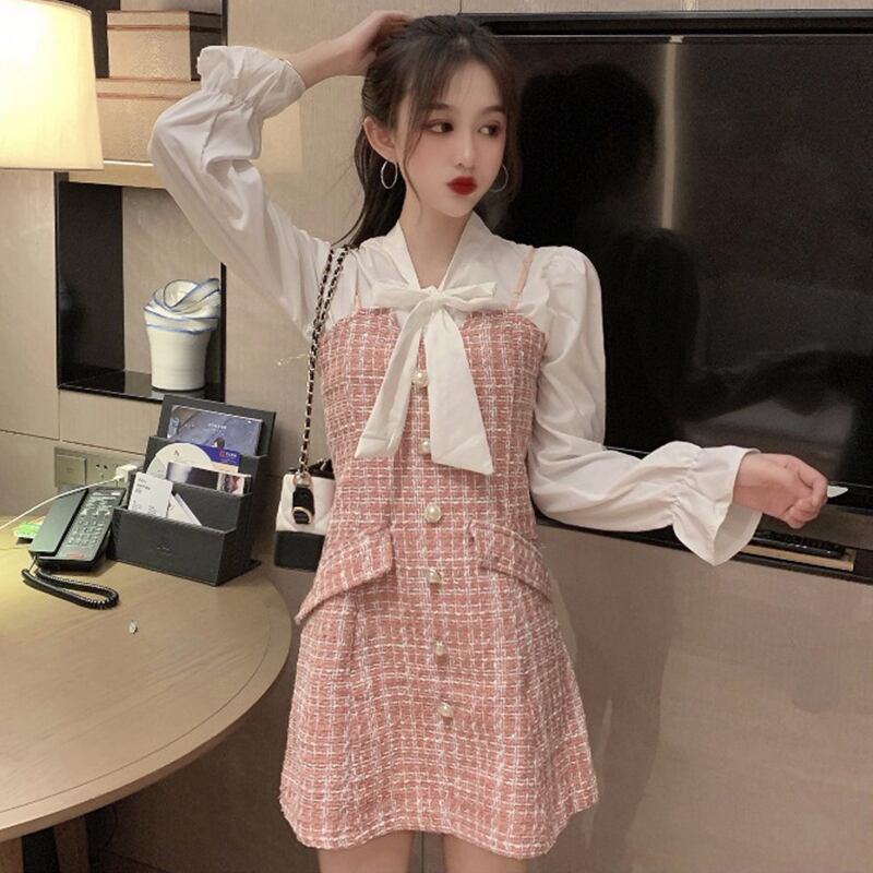 初秋のスーツレディース2020新しいボウシャツサスペンダードレスネットレッドファッションツーピースシャツトップ 1号婦人41692632338