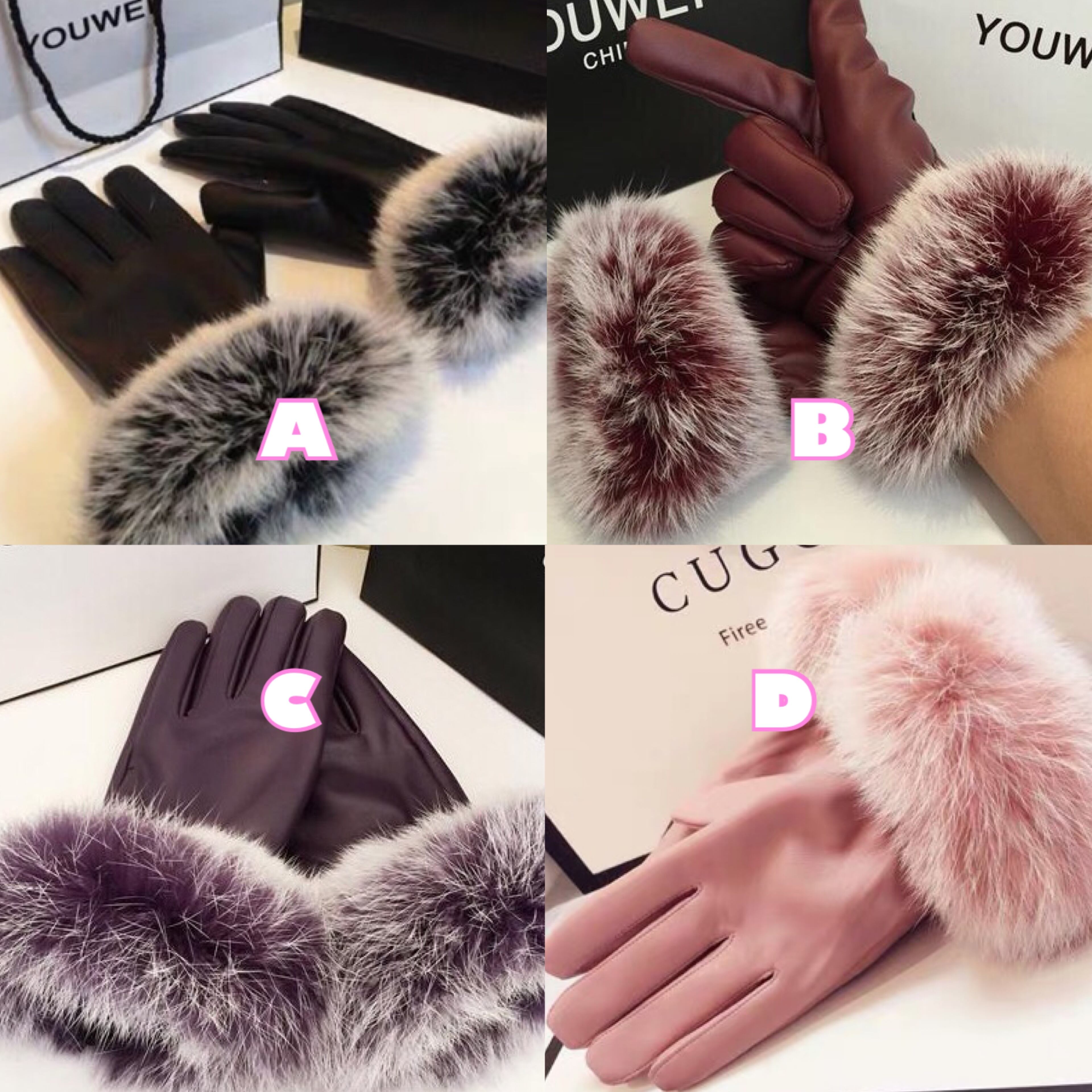 手袋①②】【4カラー】ファー ピンク ブラック 黒 レッド 紫 レザー調