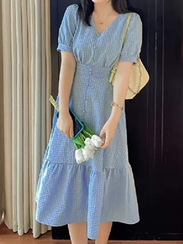 涼し気カラーとチェックがレトロ可愛い プレーリーワンピース フリル ガーリー大きいサイズ 韓国 CH9034