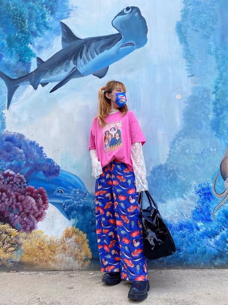 3デザイン】パンツ 青 原宿 古着 ピンク 花柄 魚 ズボン スカート