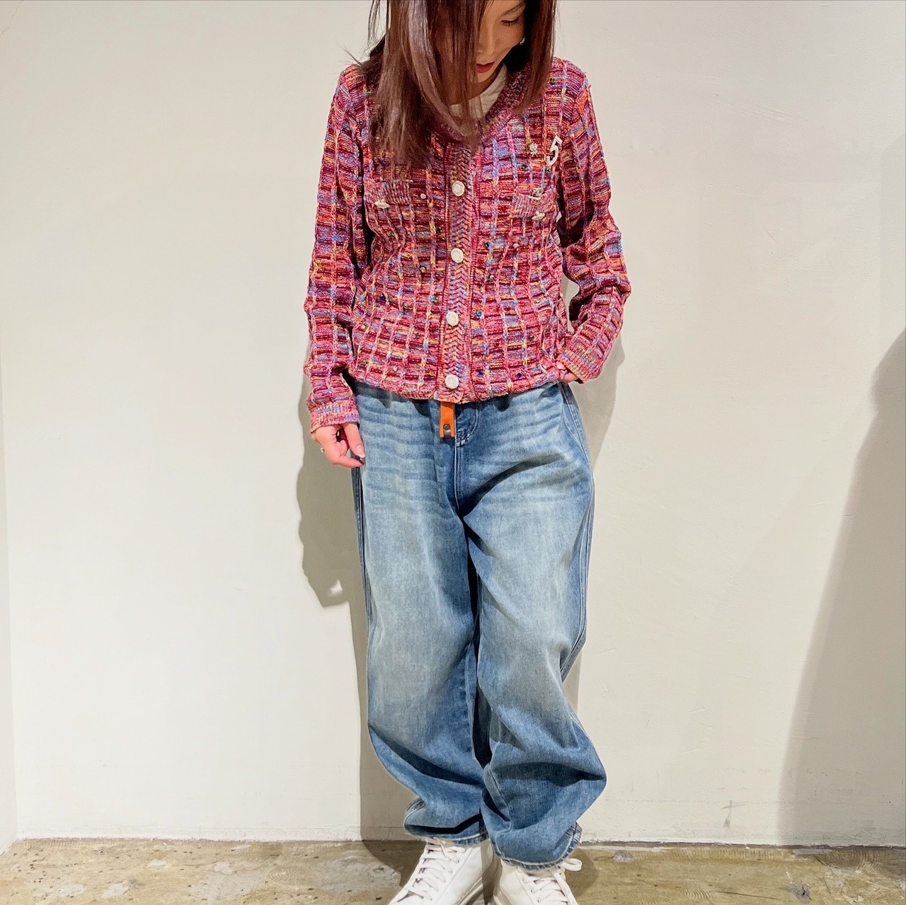 ポリーヌブロー   カラフルラインストーン付ニットカーディガン