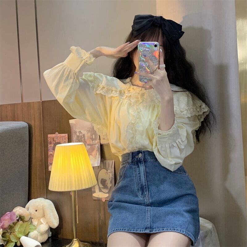 レースカラーシャツ オータムスタイルブラウス ロング 秋物 萌量不足9938954857