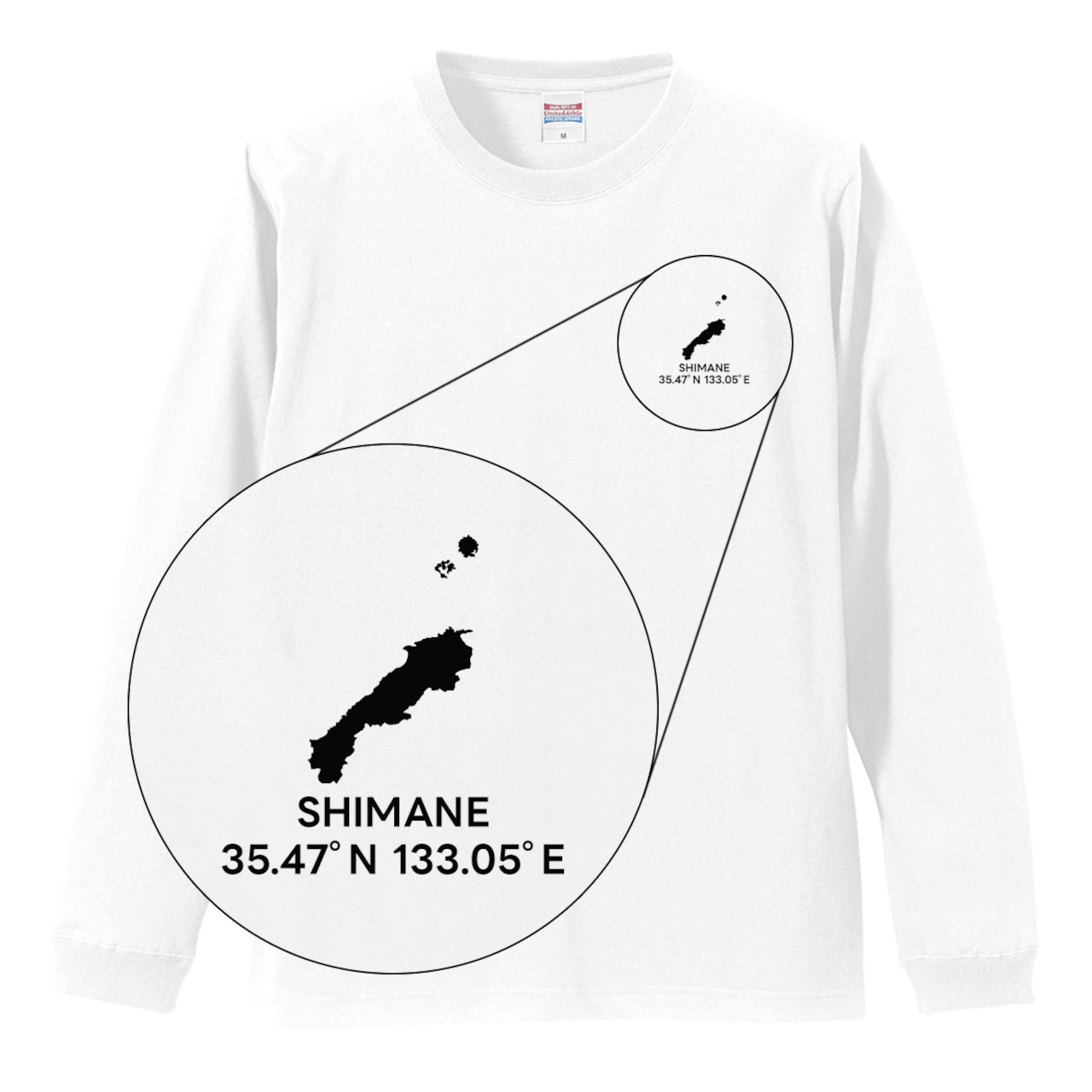 《島根》 緯度経度ミニマルロングスリーブTシャツ|地図×地名×ワンポイントデザイン