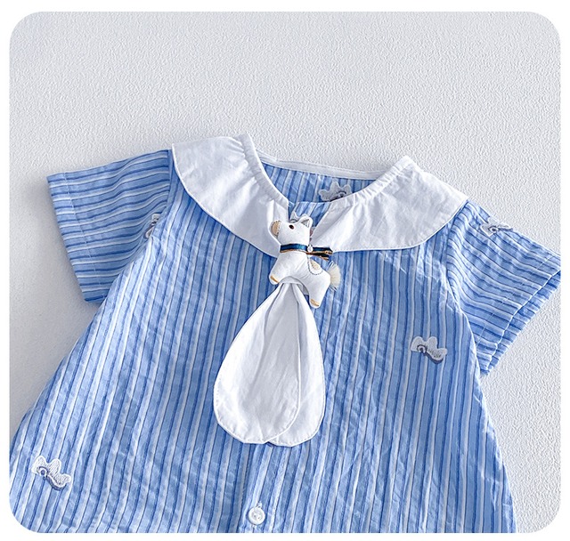 【BABY】ホワイトホース刺繍襟付きストライプロンパース - 10