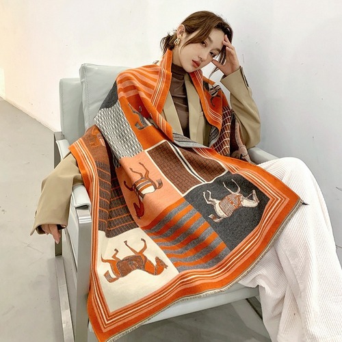 冬用女性用スカーフ、多用途で暖かい、高級模造カシミアオフィスエアコン付きルームショール、高級オレンジスタイル