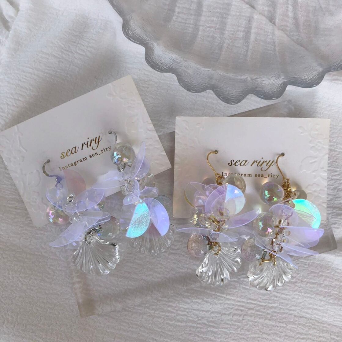 no.867 人魚姫のしゃぼん玉ピアス マーメイド シェル クリア オーロラ