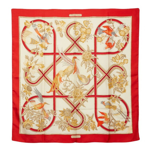 エルメス カレ90 Caraibes カリブ鳥 スカーフ 大判 レッド アイボリー シルク レディース HERMES 【中古】