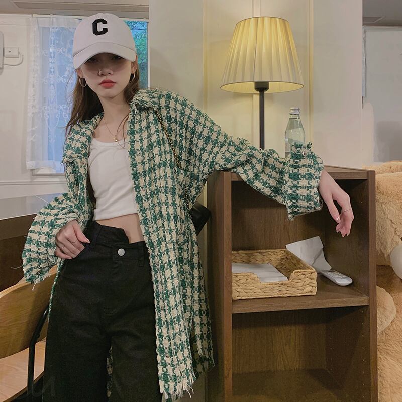 スタンダード格子柄ジャケット スプリングオータム薄手トップス ロング レトロ 春物 秋物 モンロー25099356711