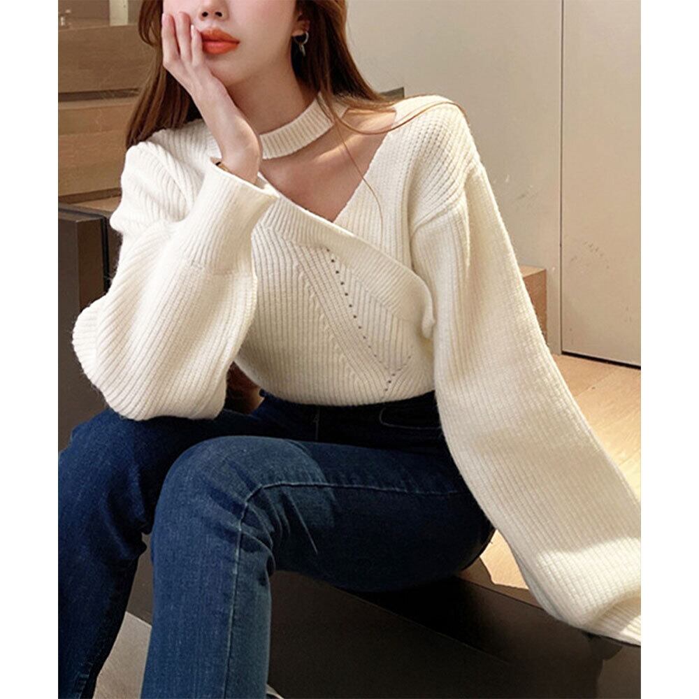ショート丈 ニット セーター レディース 春秋冬 韓国 ホルターネック トップス 大人 かわいい きれいめ 肌見せ カジュアル リブニット 肩開き 大人可愛い 大人女子