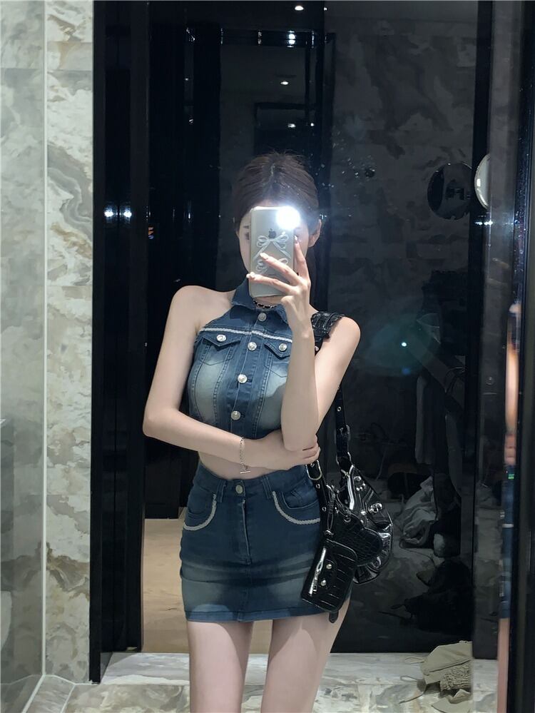 デニム トップス&ミニスカートセットアップ ホルターネック S~L♡デニムホルターネックトップス+ミニスカートセット