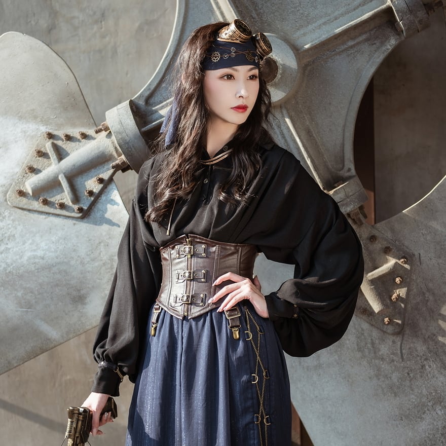 【即納 L】スチームパンク ブラウス ユニセックス プルオーバー バルーンスリーブ 舞台 演劇衣装