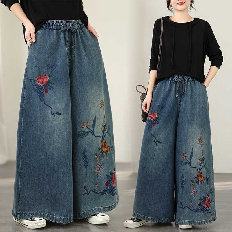 EMBROIDERED A-LINE WIDE LEG DENIM PANTS 1color M-15824