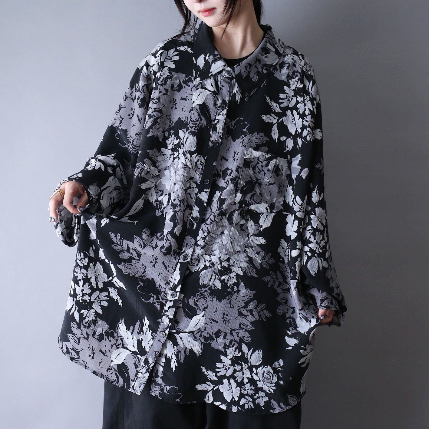 "墨絵" flower art full pattern wrinkle fabric XXXX over silhouette shirt