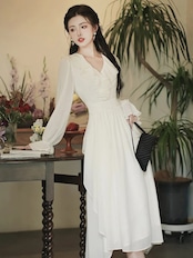 【0087】Vintage V-neck Flare Long Sleeve Dress