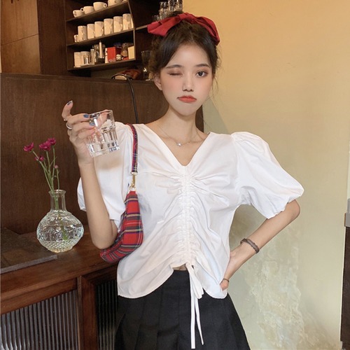 ✞ サマーVネックプリーツギャザーレーススリーブシャツブラウス 夏物 ✞ゴスロリ SM ミリ 甘ロリ クラロリ 和ロリ エレガント 黒ロリ 姫ロリ 華ロリ BB-BB8211853