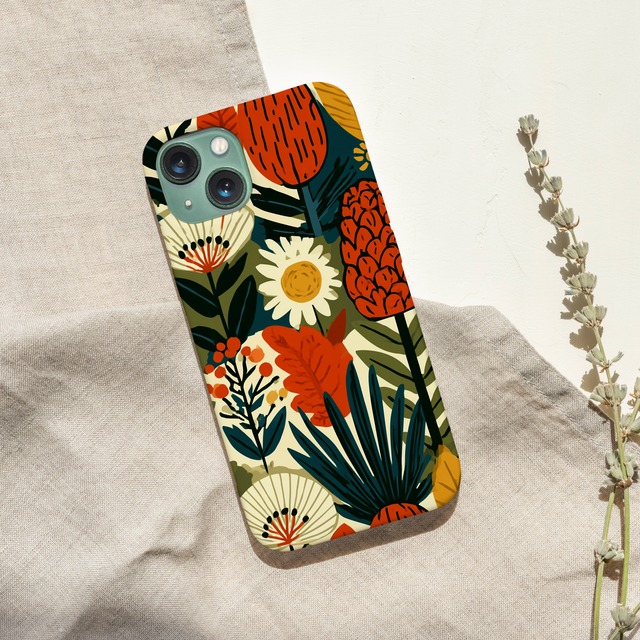 受注生産 iPhoneケース オレンジ花と葉の民芸ガーデン柄｜花モチーフ FMSY087B