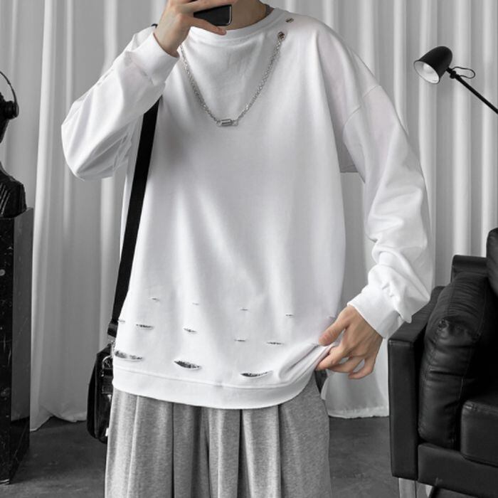 トレーナー スウェット プルオーバー 長袖 ネックレス ダメージ リブ ホワイト 白 ブラック 黒 メンズ レディース ユニセックス 韓国 カジュアル お支払い後日以内に発送 Top298 Garcons