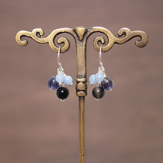 オブシディアン＋アイオライト＋エンジェライトピアス（イヤリング）