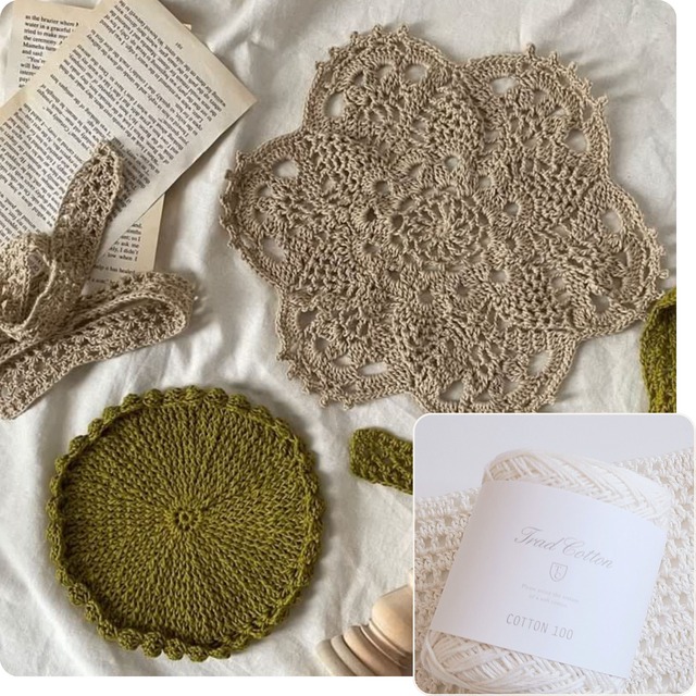 レースドイリーと玉編みマット＆クロッシェリボン｜kappa crochet pico さんコラボキット