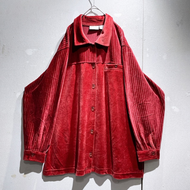 1990s ” Elisabeth ” Dark red color vintage velour corduroy loose shirt