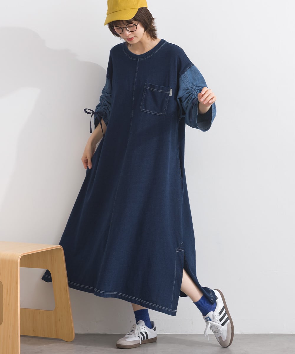 J261096 袖シャーリングデニム切替ワンピース / Shirring Sleeve Denim